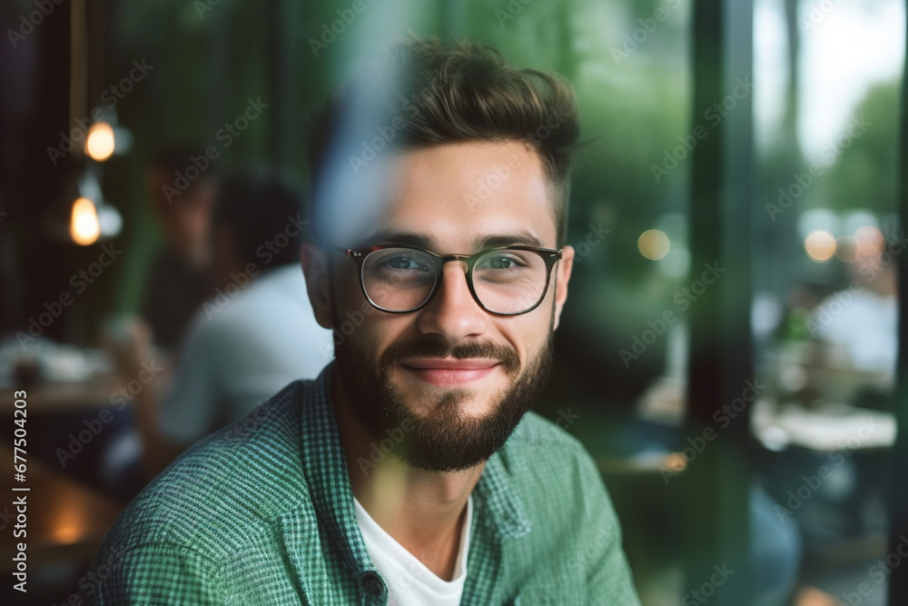 Through glass view of bearded young guy in green checkered shirt and glasses sitting in cafe while smiling and looking at camera Through glass view of bearded young guy in green checkered shirt and glasses sitting in cafe while smiling and looking at camera