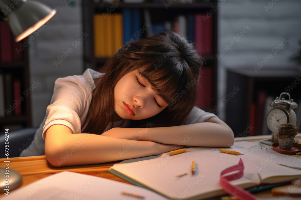 Tired girl sleeping at her desk Tired girl sleeping at her desk