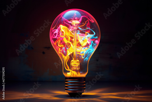 Amidst the darkness, a bright lightbulb with colorful lines and patterns represents the brilliance of imagination. AI Generative creativity.