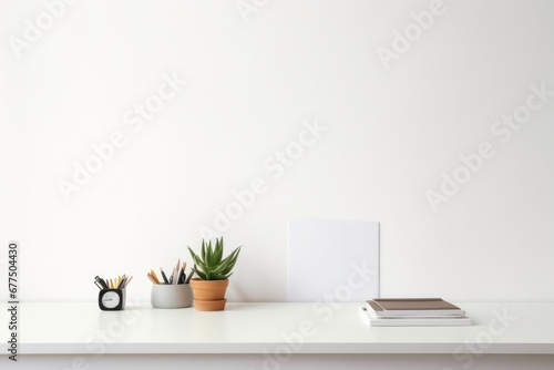 Office table, empty desk with supplies and white wall copy space, Generative AI