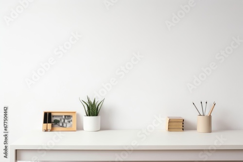 Office table, empty desk with supplies and white wall copy space, Generative AI