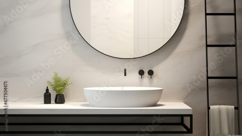 Modern loft white marble vanity counter  ceramic washbasin  black round mirror  black steel towel rack and polished cement wall bathroom for beauty  fashion  cosmetic  toiletries product Generative AI
