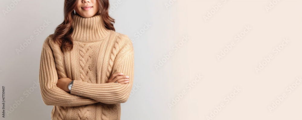 Website header fashionable in warm sweater standing on white background, Copy, empty space for your advertise text