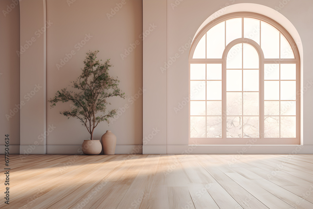 Empty wooden floor room, arched window and natural tree, in the style of soft, muted color palette - obrazy, fototapety, plakaty 
