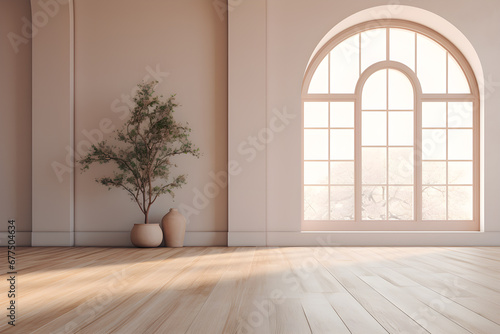 Empty wooden floor room, arched window and natural tree, in the style of soft, muted color palette