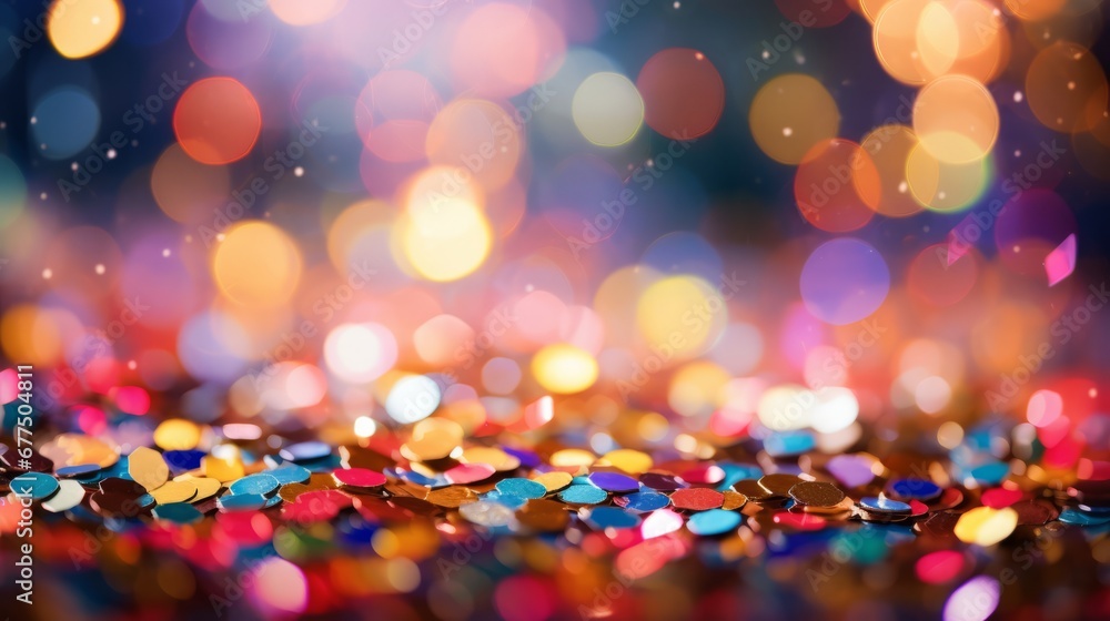 Colorful confetti in front of colorful bokeh background