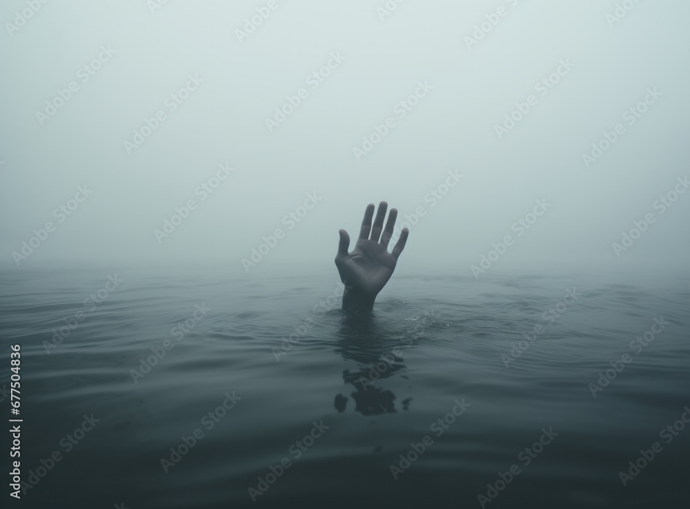 A drowning hand in the water asking for help - obrazy, fototapety, plakaty 
