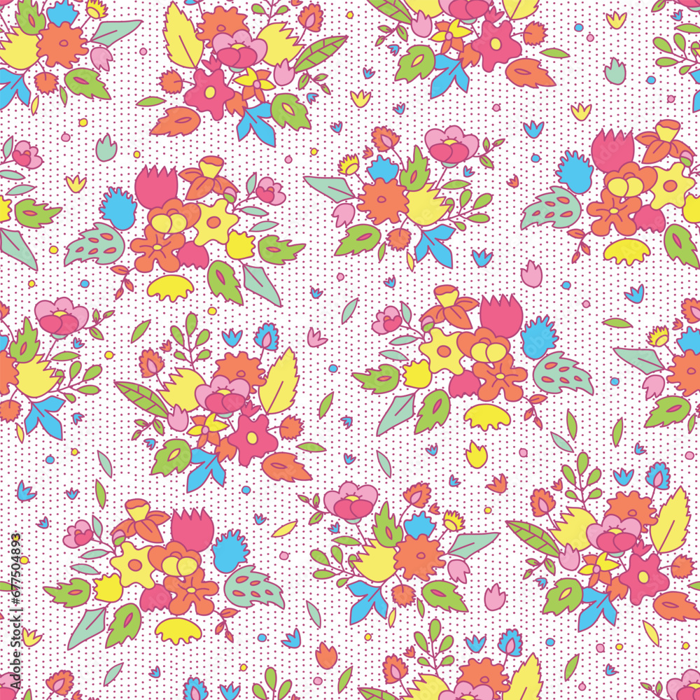 Colorful cute cartoon flower bouquets seamless pattern on polka dot, vector