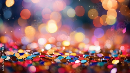 Colorful confetti in front of colorful bokeh background
