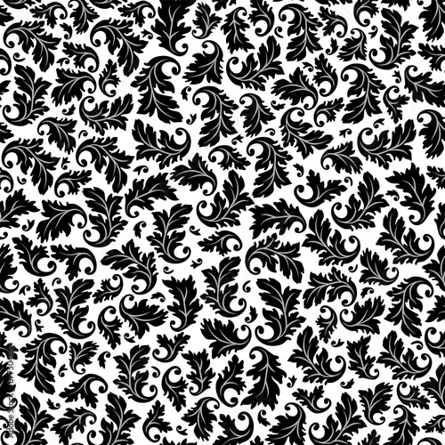 Elegant leaves silhouettes in black and white, vintage wallpaper, seamless pattern, vector