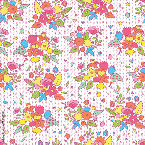 Colorful cute cartoon flower bouquets seamless pattern on polka dot, vector