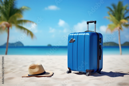 Pack your dreams A blue suitcase and a charming straw hat add a touch of adventure to this pristine sandy beach is AI Generative.