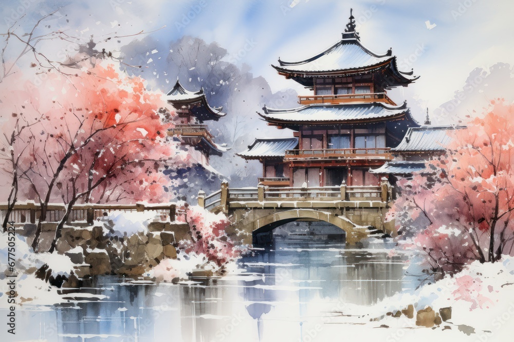 Obraz premium Snow-Covered Architecture: Iconic buildings and historic landmarks blanketed in snow can make for striking images. - Generative AI