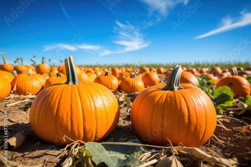 Experience the tranquility of a serene pumpkin patch in the countryside, where a Halloween pumpkin adds a touch of bright, cheerful beauty is AI Generative.