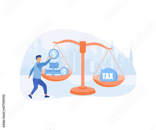  TAX burden. Businessman use coins balancing with TAX on scales, flat vector modern illustration 