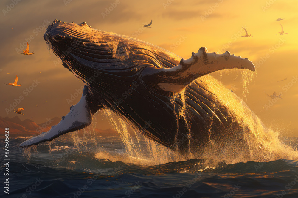 An iconic humpback whale breaching in the blue waters, a testament to ...