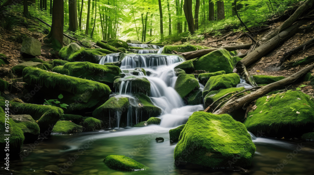 Picturesque waterfall in the forest, wildlife beauty monitor wallpaper. Clear water pouring over rapids and stones of the forest, green trees. - obrazy, fototapety, plakaty 