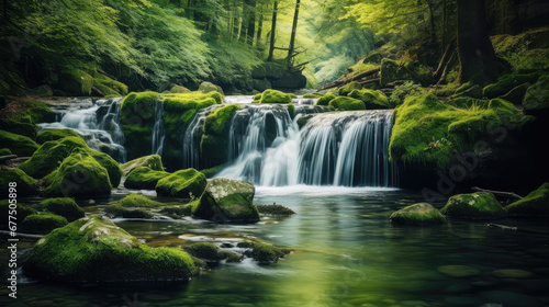 Picturesque waterfall in the forest, wildlife beauty monitor wallpaper. Clear water pouring over rapids and stones of the forest, green trees. © dinastya