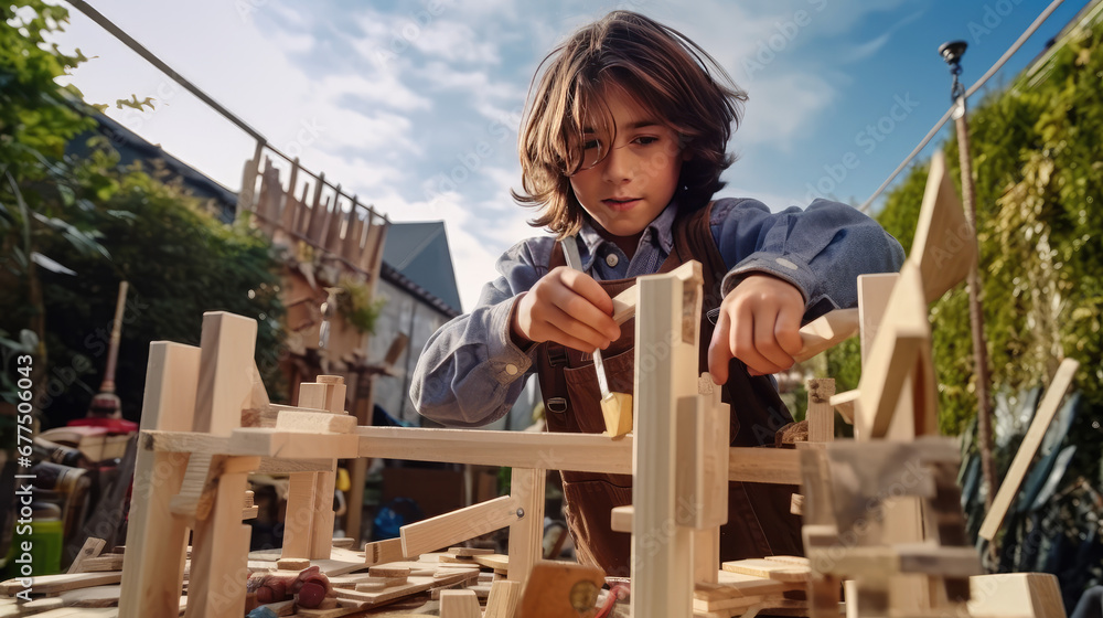 Toddler boy is playing constructor in the yard. Boy build construction of wooden blocks outdoor. Creative concept of future profession, construction, engineering. Toddler boy is playing constructor in the yard. Boy build construction of wooden blocks outdoor. Creative concept of future profession, construction, engineering.