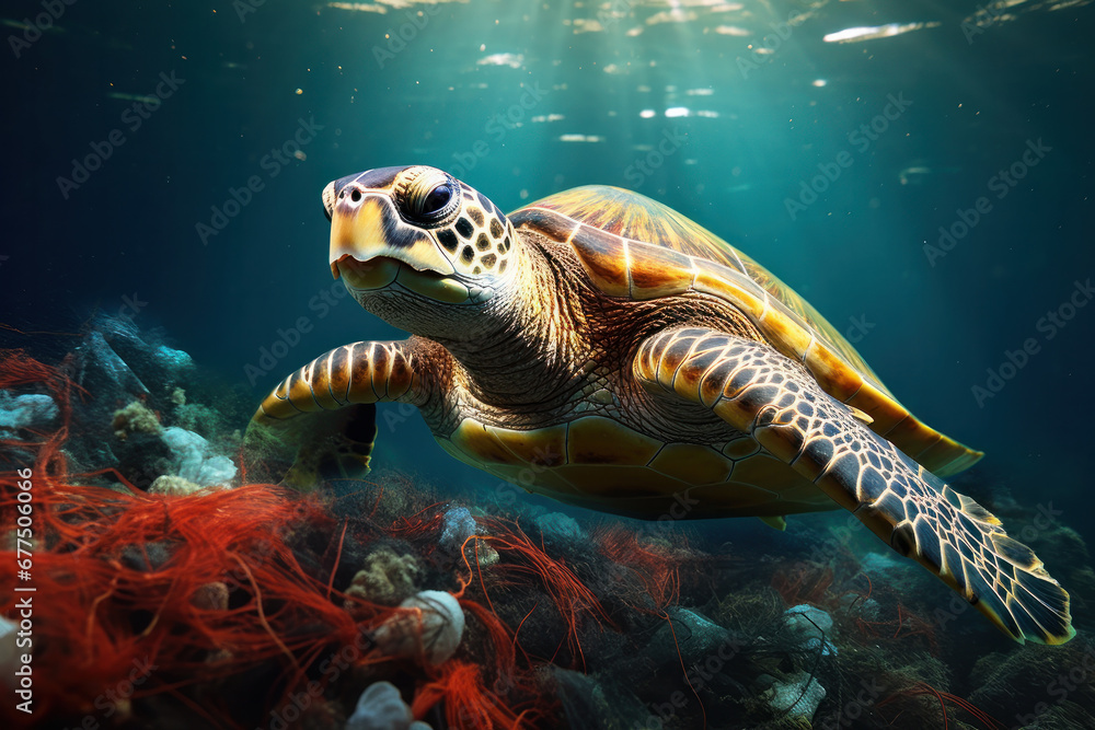 Obraz premium Fighting plastic waste, A sea turtle in a polluted ocean, symbolizing the struggle against plastic pollution and its devastating effects on marine animals. AI Generative.