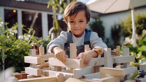 Toddler boy is playing constructor in the yard. Boy build construction of wooden blocks outdoor. Creative concept of future profession, construction, engineering.