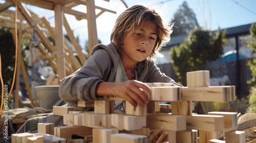 Toddler boy is playing constructor in the yard. Boy build construction of wooden blocks outdoor. Creative concept of future profession, construction, engineering. photo