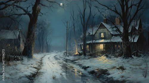 Oil painting of a house on a winter night