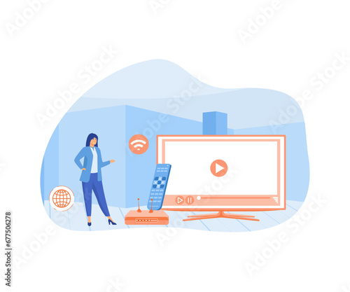 Smart tv. Tiny people watch video with remote control and television multimedia box. flat vector modern illustration 