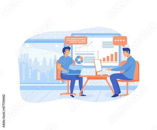 Financial consultation. Businessman helping colleague at business meeting. flat vector modern illustration 