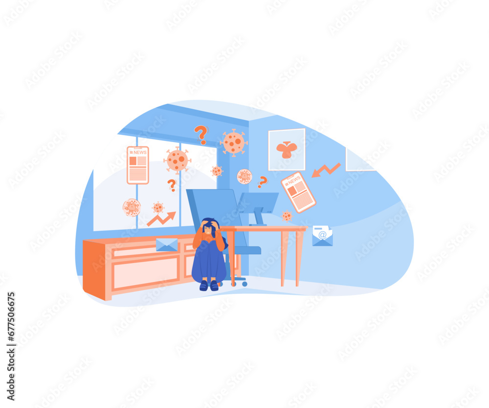 Overload information. Coronavirus information overload banner, girl hiding under table. flat vector modern illustration 