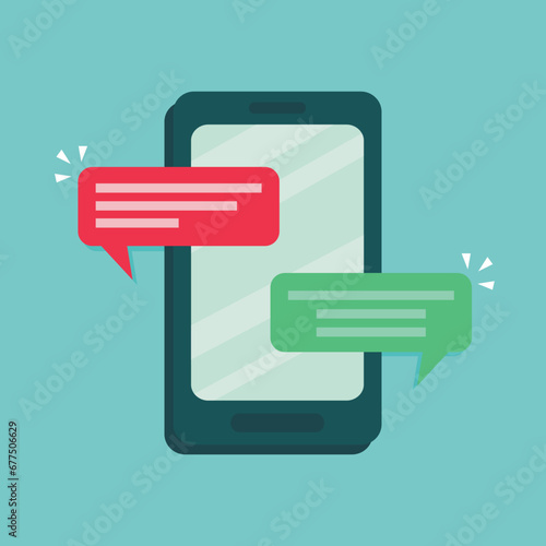 Chat message notification on smartphone vector illustration, designed in simple flat cartoon style. SMS speech bubble.