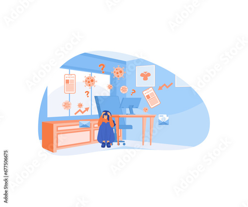 Overload information. Coronavirus information overload banner, girl hiding under table. flat vector modern illustration 