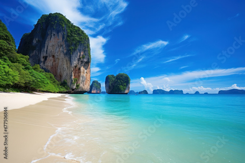 A sunny tropical beach in Thailand, Krabi's exotic Phi Phi Island. Perfect for summer vacation and relaxation. AI Generative.