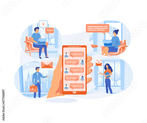 Mobile phone user sharing news online, sending messages to friends, holding cellphone with contact list on screen. flat vector modern illustration 