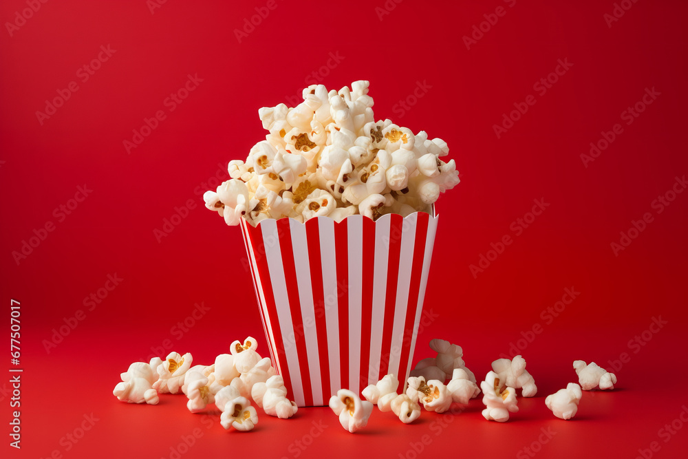 An isolated illustration of a big, red, classic cinema bucket filled with colorful, delicious popcorn. Entertainment and indulgence in one icon. AI Generative. An isolated illustration of a big, red, classic cinema bucket filled with colorful, delicious popcorn. Entertainment and indulgence in one icon. AI Generative.