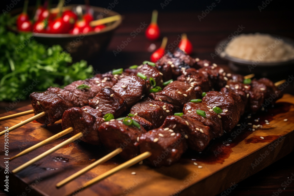 Macro shot of Beef skewers served on rounnd wooden plate