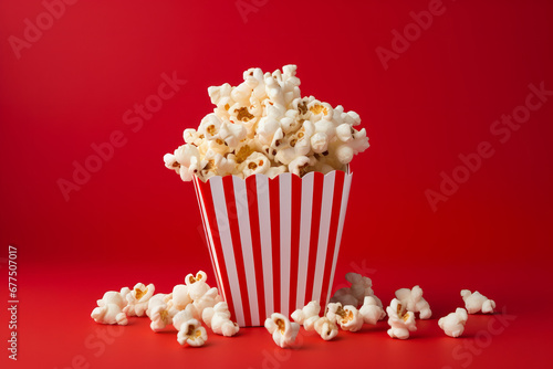 An isolated illustration of a big, red, classic cinema bucket filled with colorful, delicious popcorn. Entertainment and indulgence in one icon. AI Generative. © Alisa