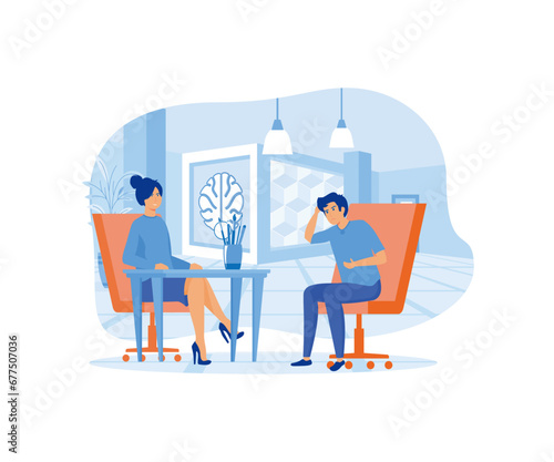 Male character at psychotherapist appointment. Psychologist talking to patient in cabinet. Health care, neurology and treatment. flat vector modern illustration