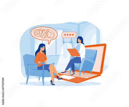 online psychological help and support service, psychologist and her patient having video call using modern technology app. flat vector modern illustration