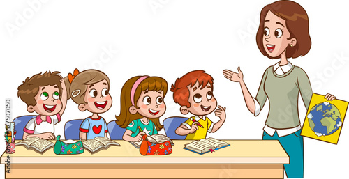 vector illustration of teacher and students having a lesson together