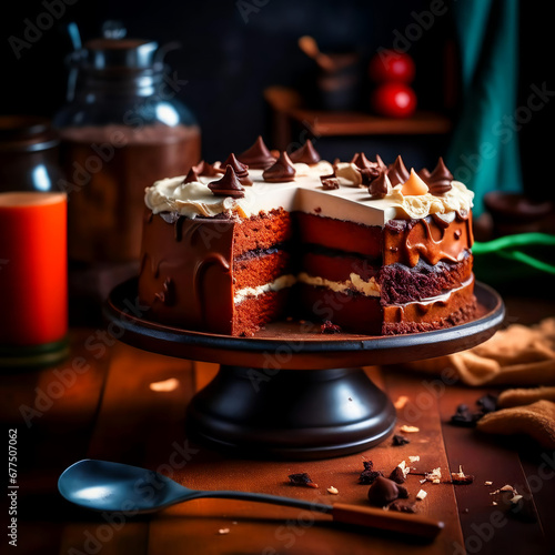 chocolate cake with white cream, homemade cakes, dessert. artificial intelligence generator, AI, neural network image. background for the design.