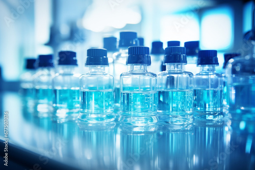 Macro shot of Laboratory bottles with blue content and a syringe