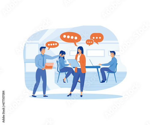 Work talk and discussion. People in office having business conversation with speech bubbles and digital devices in hands.  flat vector modern illustration 