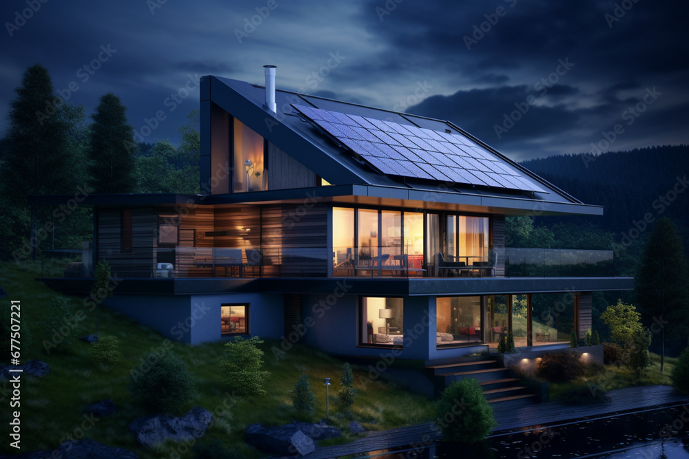 Modern house with solar panels and green roof at night Modern house with solar panels and green roof at night