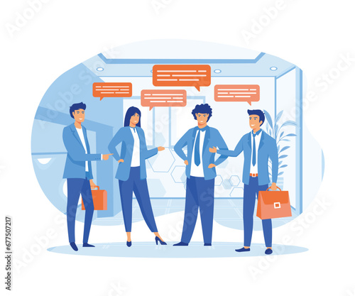 Business team coworker discussing work in meeting with speech bubbles. Discussion, conversation, meeting, team communication, colleague chatting, opinion. flat vector modern illustration