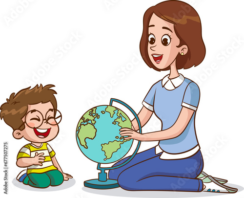 vector illustration of teacher and students having a lesson together