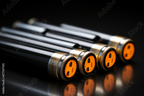 New AA batteries on dark background, closeup, Space for text photo