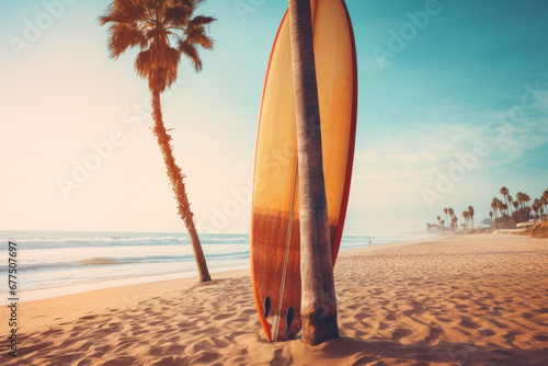 Surfing in paradise - a surfboard by a palm tree on a tropical beach, capturing the essence of a carefree lifestyle. AI Generative.
