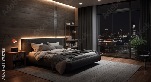 bedroom with brown walls and wood floors, in the style of dark silver and light black.