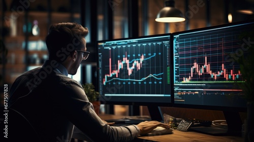 Business man using his computer to monitor analysis stock charts.